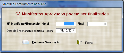 Na tela de acompanhamento da MDF-e, clique no botão Finaliza MDF-e junto a SEFAZ, abrirá a tela a baixo, informe o número do manifesto