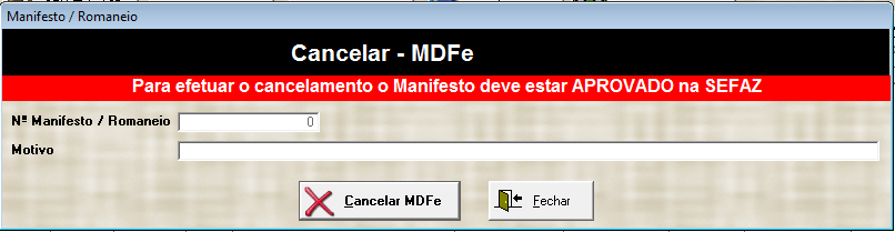 Cancelando um MDF-e junto a SEFAZ Na tela de acompanhamento da MDF-e, clique no botão Cancelar Manifesto, abrirá a tela a baixo.