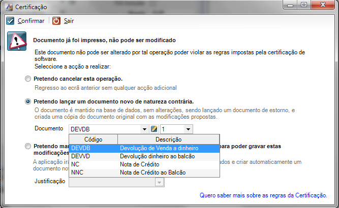 Posteriormente, deu-se conta que o preço estava errado (para efeitos deste exemplo, usamos o preço, mas poderia ser qualquer campo que tivesse implicações na assinatura do documento) pretendendo