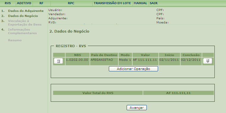 No caso de mecanismo vinculado a Registro de Operação de Crédito, tais como BNDES-EXIM e PROEX, preencher campo Número do RC com o respectivo número e acionar o botão para adicioná-lo ao RVS.