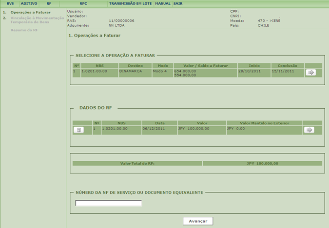 e) antes da inclusão do RF, caso seja detectado erro de preenchimento, clicar no ícone à direita para corrigi-lo, procedendo conforme descrito acima.