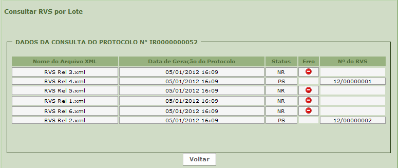 Para consultar o RVS transmitido via lote, o usuário deve seguir os passos descritos no item 3.1.6 e utilizar o n o do RVS fornecido pelo sistema após o devido processamento do arquivo.