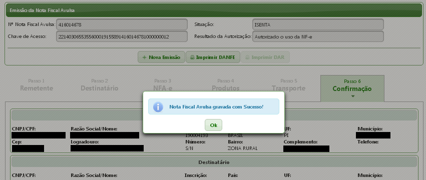 Tela com a modalidade sem frete. Passo 6 Confirmação A última etapa destina-se às verificações e confirmações dos dados informados, antes da conclusão da emissão da NFA-e.