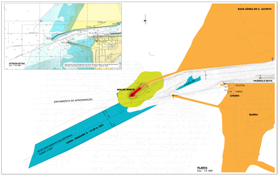 Melhoria da Acessibilidade Marítima: Fase I e II Descrição: Fase I: construção de novo canal de acesso externo do porto à cota de -12,5m; Fase II: prolongamento do molhe norte em 200m e