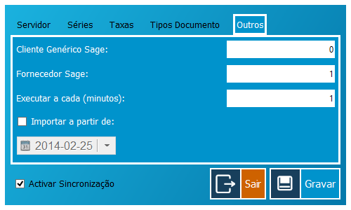 5 - Outras Configurações Neste separador poderá configurar outros parâmetros importantes, como é o caso do Cliente Genérico Sage que indica qual o cliente que deverá ser usado quando não for