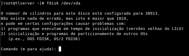 Agora vamos criar as partições do novo HD. Digite o comando fdisk /dev/sda caso o HD danificado seja o sda ou fdisk /dev/sdb caso o HD danificado seja o sdb. Em seguida pressione a tecla ENTER.