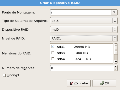 3.7 Criando Dispositivos RAID 3.7.1 Criando Dispositivo RAID Referente à partição / Após clicar no botão RAID, a seguinte tela será exibida: Selecione a opção Criar um dispositivo RAID