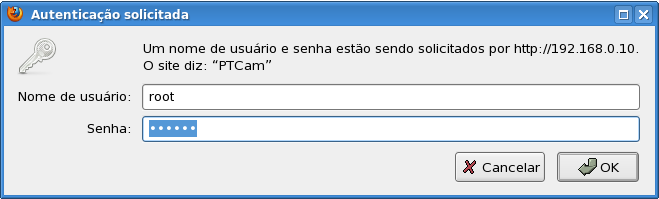 Em seguida será solicitado o nome de usuário e senha para acesso ao sistema da câmera como ilustra a figura abaixo: No campo Nome de usuário informe o valor root e no campo Senha informe o valor