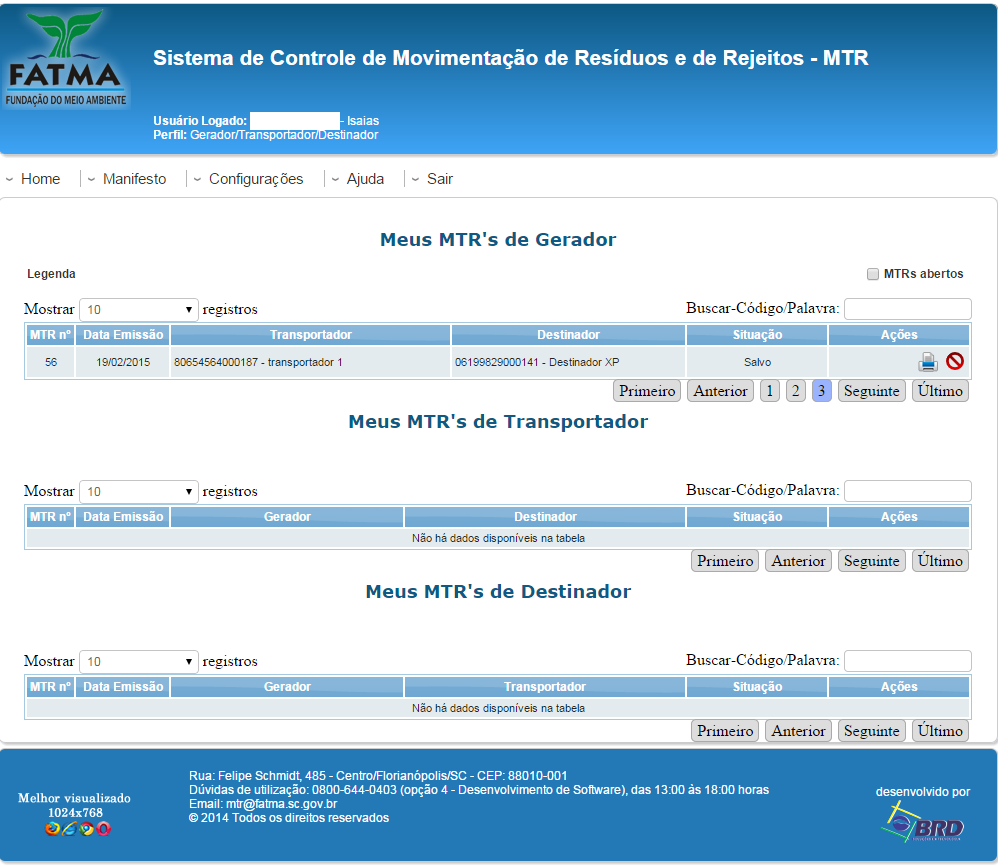 Exemplo de um resíduo registrado no