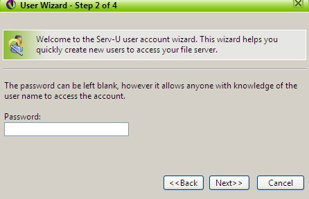 Nome usuário Serv-U 11. Insira uma senha no campo Password, apresentada na figura Password. Em seguida, clique em Next>>; Password 12.