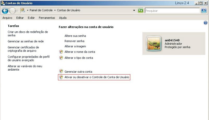 Acesse Painel de controle>contas de Usuário e clique em Ativar ou Desativar o controle de conta de usuário, conforme a figura a seguir: Conta