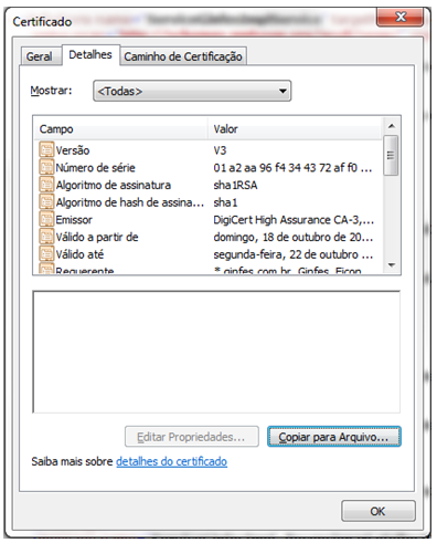 3º Passo Na janela Certificado, acessar a aba Detalhe e
