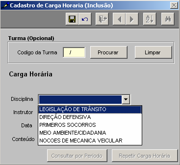 Escolha a disciplina que deseja criar a carga horária.