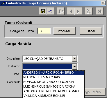 Selecione um instrutor para a disciplina. Clique na seta localizada no lado direito do campo Instrutor.