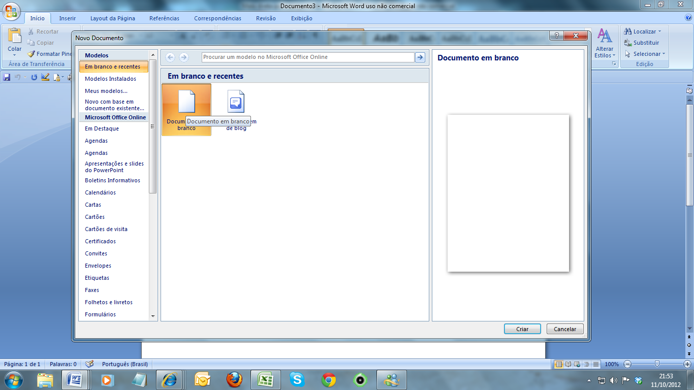 2º passo: Criar a carta propriamente dita. Para criar a carta abra o seu editor de texto. No caso utilizamos o Microsoft Office Word 2007. Então vamos desde o começo: 1.