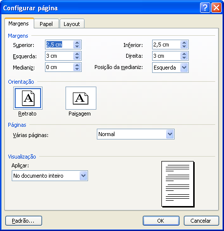 Definindo Configuração de Páginas O Word possui uma configuração de página pré-definida, para alterá-la vá para o Menu Arquivo, opção Configurar Página.