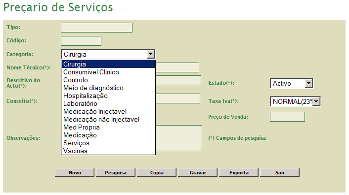 No caso de querer adicionar um serviço Basta preencher os seguintes campos: Tipo: preenchido automaticamente pelo b-vet.