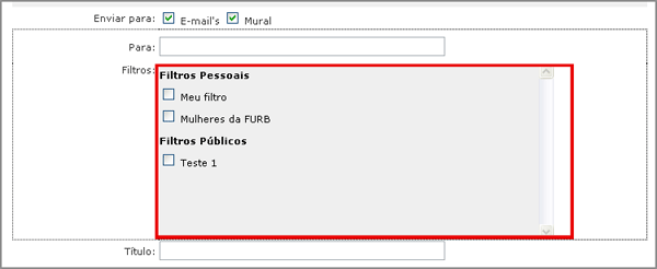 63 O usuário deve escolher o tipo de envio de mensagem, ou seja, deverá escolher através de duas opções em forma de checkbox se deseja enviar para e-mails ou mural.