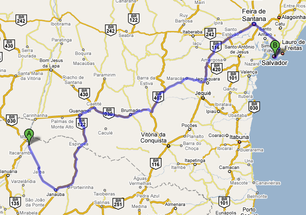 Figura 3 Distancia entre Jaíba(A) e AITN(B)/ Jaíba(A) e Salvador(B) 605 km 1300 km Fonte: Google Maps Conforme mostrado na Figura 3, podemos perceber a ausência de rodovias ligando a cidade de Matias