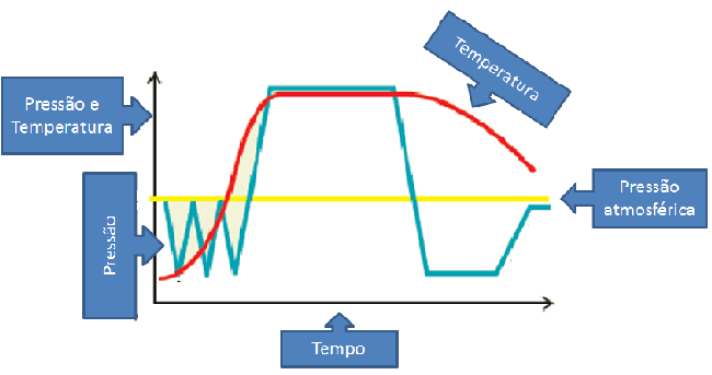 Figura 2 Relação Tempo/ Pressão e Temperatura Fonte: LUQUETA,2008 O funcionamento básico do esterilizador vai depender do perfil de ciclo programado.