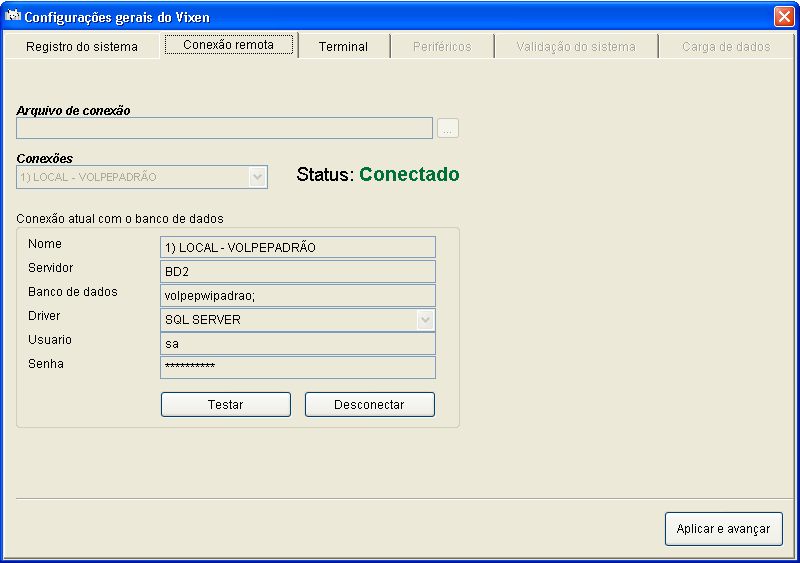 3.1. Configurando conexão com retaguarda Será exibido a seguir a tela de configuração da conexão do Vixen para a retaguarda. Clique no botão para selecionar o arquivo de conexão CONECTA.