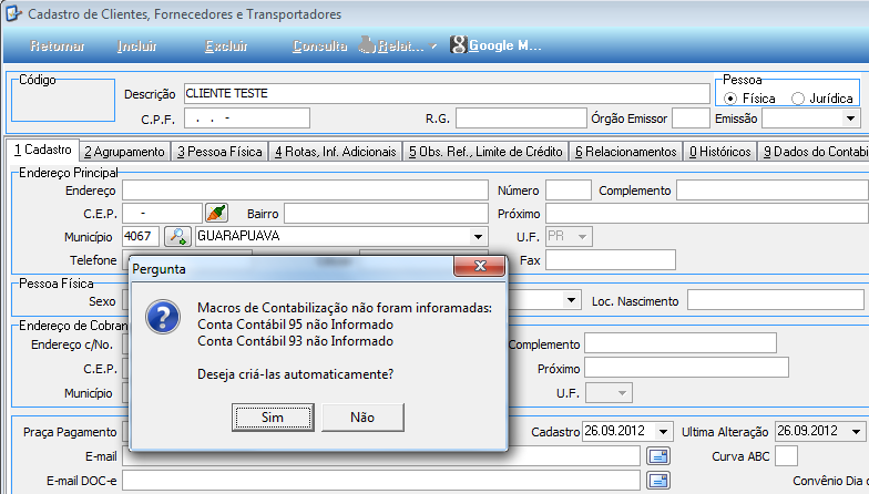 Figura 10 Alerta para macros não cadastradas. 3.6 SEPARADOS FUNRURAL E SENAR Adicionado cálculo e contabilização para SENAR.