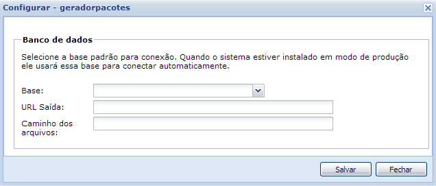 Os módulos Configuração e Gerador de Pacotes utilizam como padrão a tela abaixo. Após adicionar um módulo é necessário configurá-lo. Base de Dados: Selecionar a base de dados do GVcollege.