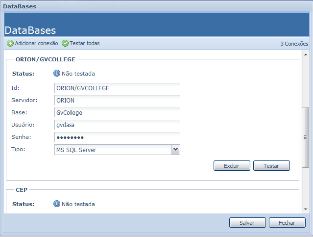 2.1 Databases Permite configurar as bases (banco de dados) que serão utilizadas no portal. Status: Exibe a situação da conexão. Veja o passo a passo de como proceder: 1.