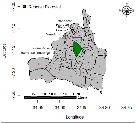 paraibana se registrou na zona norte, através dos bairros: Varadouro e Mandacaru da cidade. Na aplicação foram gerados mapas para outros percentuais da população.