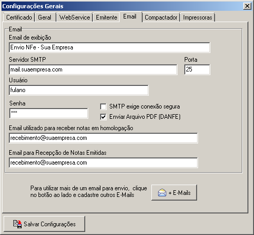 Aba E-mail Na aba E-mail configure os dados do e-mail do cliente que será usado para enviar a Nfe.