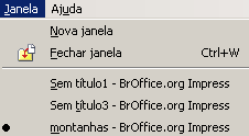 XIII - JANELA Permite a criação de uma nova janela igual a que estiver aberta no momento ou a navegação entre as diversas janelas no BrOffice.org que estiverem abertas no momento.