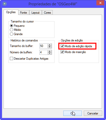 Na janela principal, clique no botão de controle e acesse as Propriedades: Figura 07. Propriedades do Prompt de Comando. Marque a opção Modo de Edição Rápida e clique no botão OK: Figura 08.