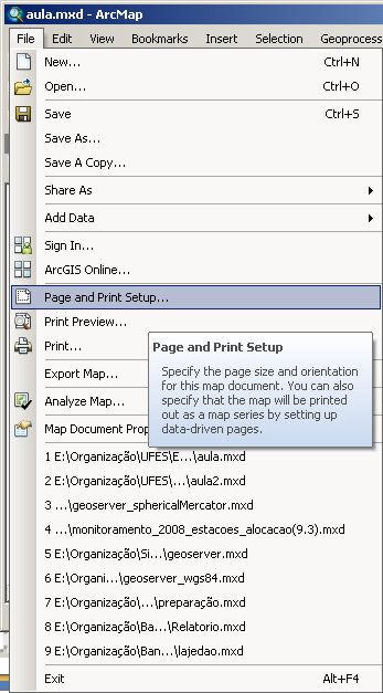 Propriedades de Página Diálogo de Configuração de Página Clique no menu File>Page and Print Setup Page and Print