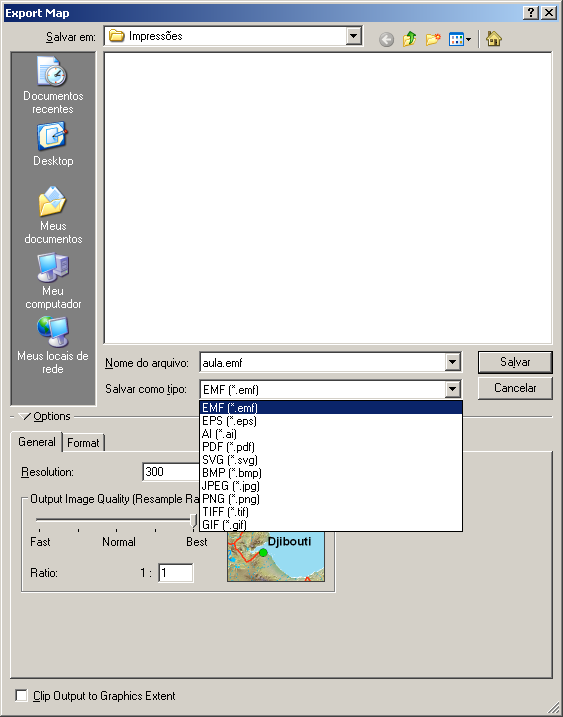 Terminando o Layout Exportação Clique em File>Export Map Escolha o formato de arquivo de saída. File>Export Map... Tipo de arquivo de saída EMF (*.