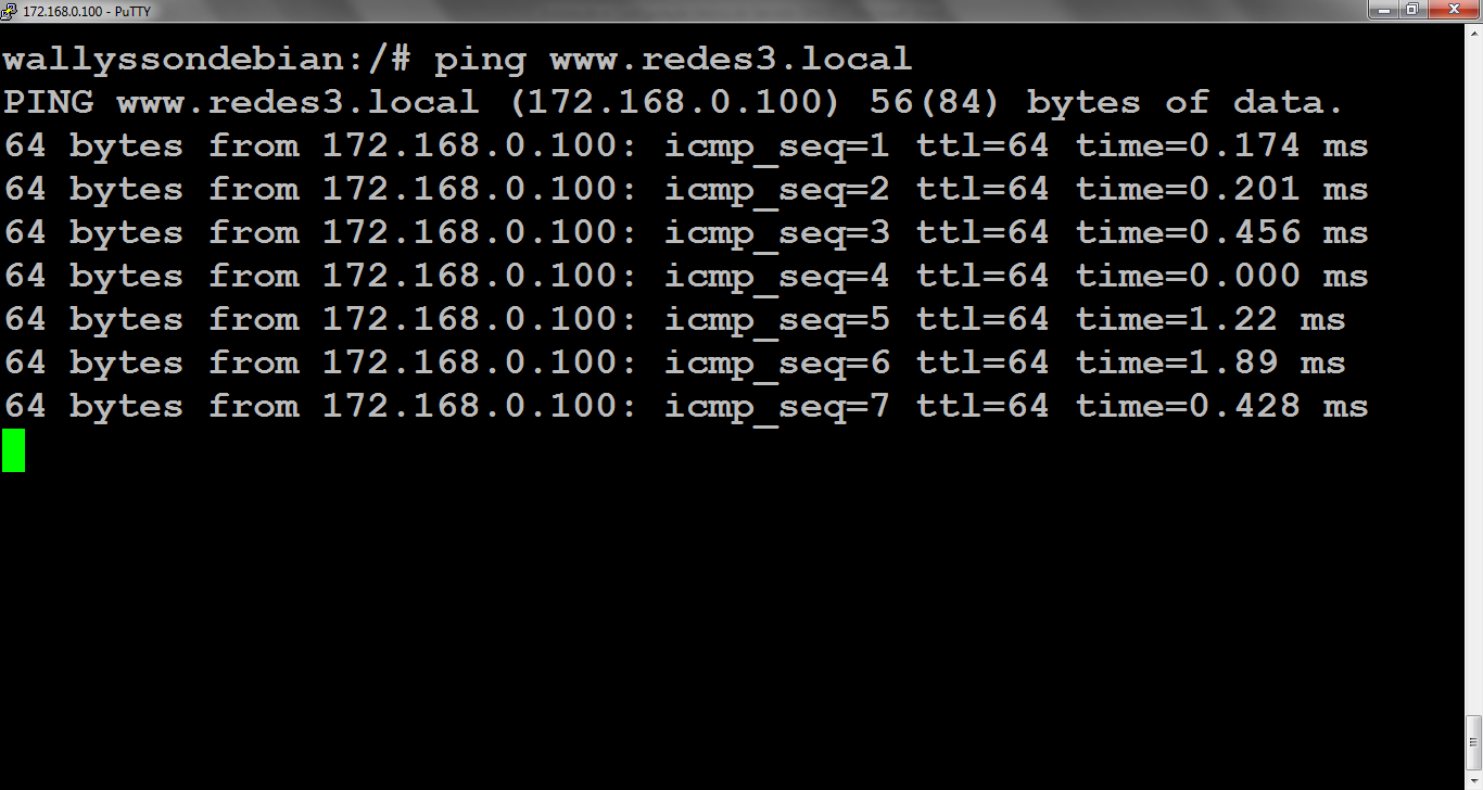 22 Mude o nameserver para seu IP_local, no nosso caso 172.168.0.100 4.6 Teste de PING Execute ping www.redes3.local.com.