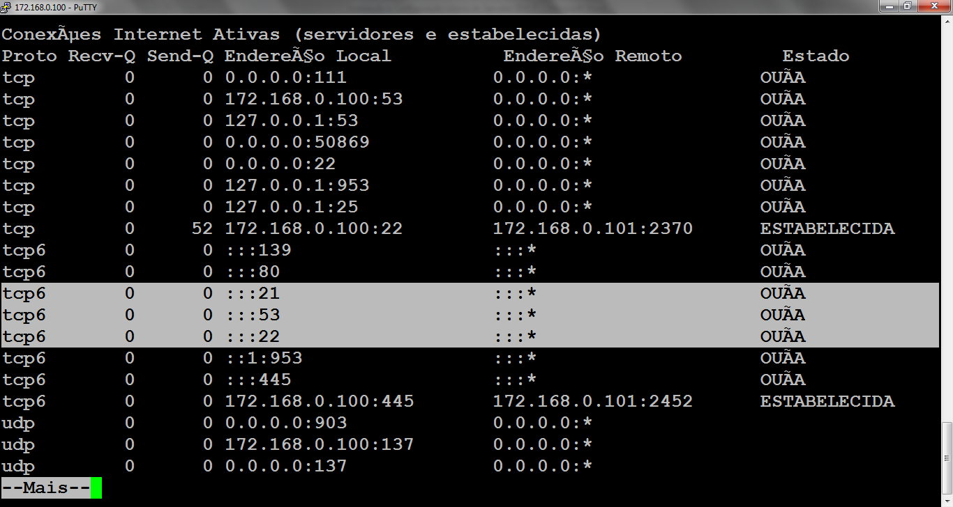 52 Procure pela porta 21 e 22, se aparecer as portas o daemon (serviço ) do proftpd já esta rodado. Ou seja, seu FTP está pronto. 7.