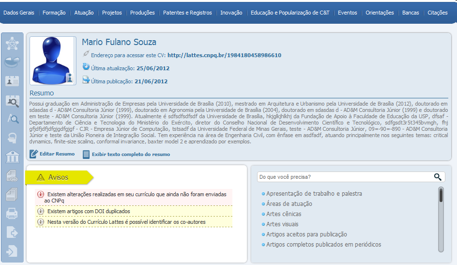 Nova Versão do Currículo Lattes incluindo abas para o registro
