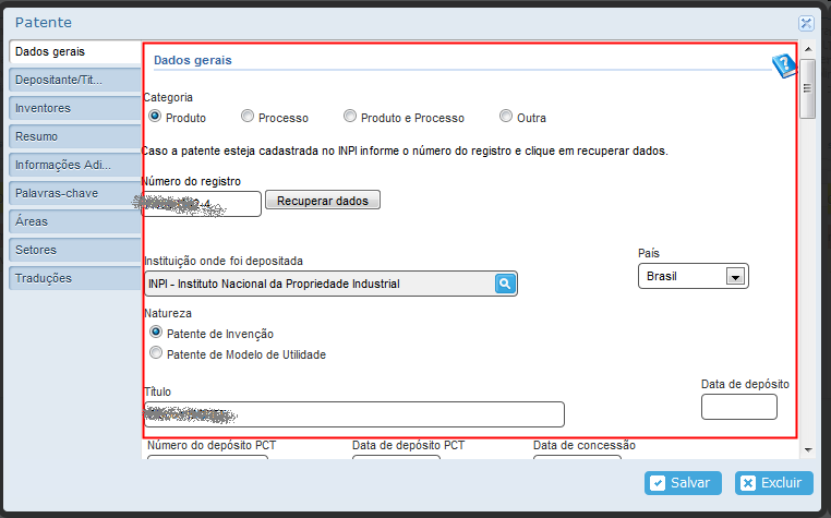 Patentes Após a recuperação dos dados na instituição