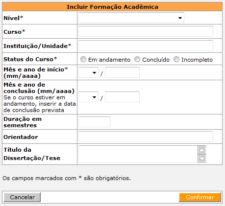 De maneira similar à que ocorre com a aba Identificação, a aba Formação Acadêmica também mostra o link quando você possui um e ele já tenha sido transferido para o SAGe.