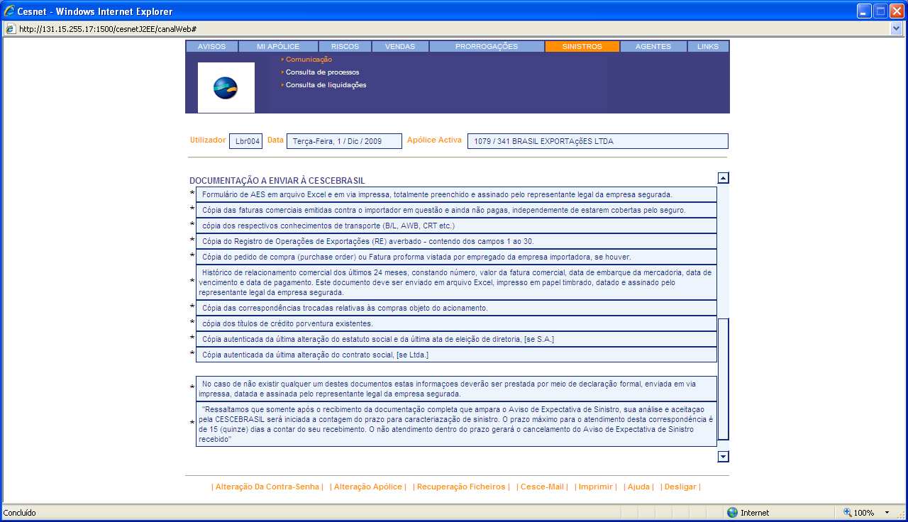 Declaração Online de Sinistros Resultado da