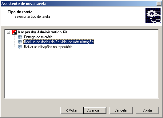G U I A D E R E F E R Ê N C I A Selecione Backup de dados do Servidor de Administração (veja a figura abaixo) como o tipo de tarefa. Figura 265. Criação de uma tarefa.