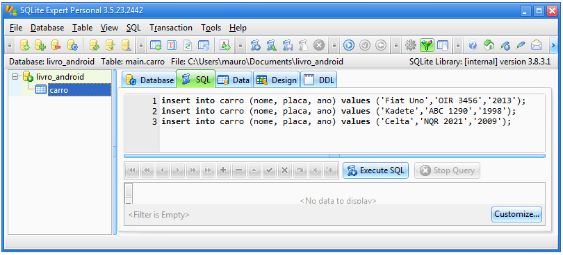 Criando o banco de dados usando o SQLite Expert Personal