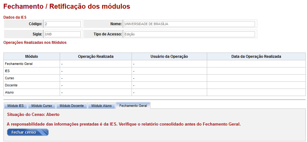 Após fechar os módulos, a aba Fechamento Geral será habilitada. Clique sobre ela para finalizar o fechamento do Censo.