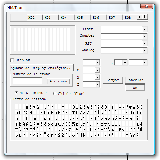 Ferramenta de Programação 5.5.8 IHM/Texto A função IHM/Texto (H) exibe informações no display LCD do CLIC-02, com um tamanho máximo de 16 caracteres 4 linhas.