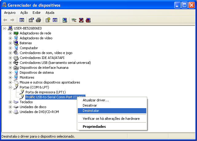 4.3 Desinstalação através do Gerenciador de Dispositivos Opcionalmente é possível desinstalar o driver do conversor USB-Serial através do gerenciador de dispositivos do