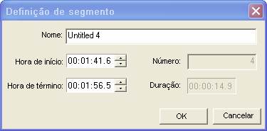 Capítulo 9: Trabalhar com segmentos 3 Opcional: Para ajustar o tempo inicial e final, clique na caixa Tempo adequada, e então digite um novo tempo ou use os botões Para Cima ou Para Baixo.