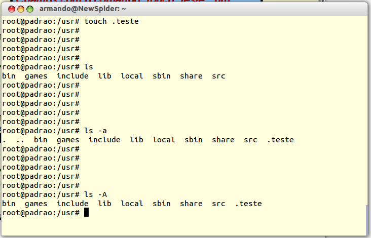 Comando ls (exemplos) Criamos com o comando touch.teste, um Arquivo oculto de nome.teste Não aparece o arquivo.teste na saída do ls Usando o comando ls -a aparece. Diretório atual o.