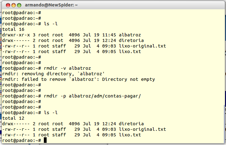 Comando rmdir (exemplos) Listando o diretório de trabalho so usuário logado (nesse caso root ) Tentando