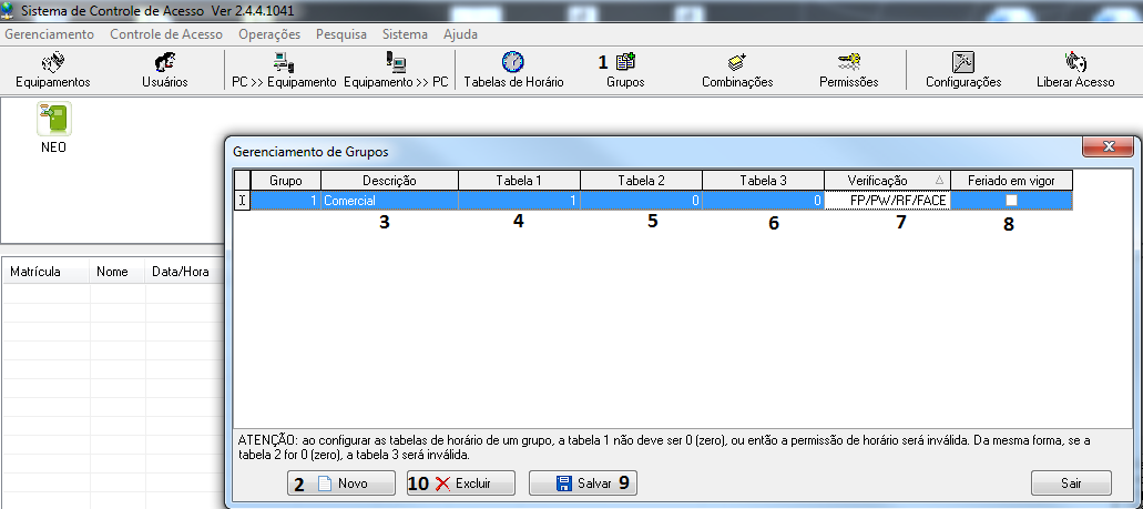 1. Na tela inicial do software, clique no botão tabela de horário, uma nova janela será aberta; 2.