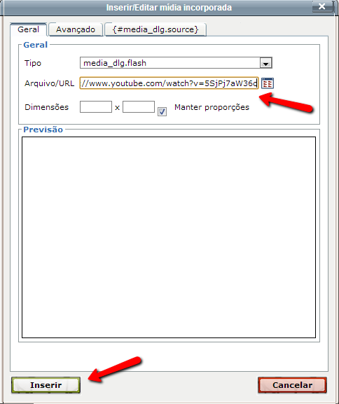 11 Cole na área Arquivo/URL o link do vídeo copiado do Youtube. Apenas clique em um dos campos da área Dimensões para que autocomplete os espaços com o tamanho padrão do vídeo.